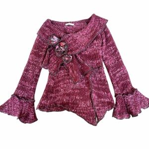 Vintage Zone Bleue Asymmetrical Fairycore Sweater with Floral Appliqués